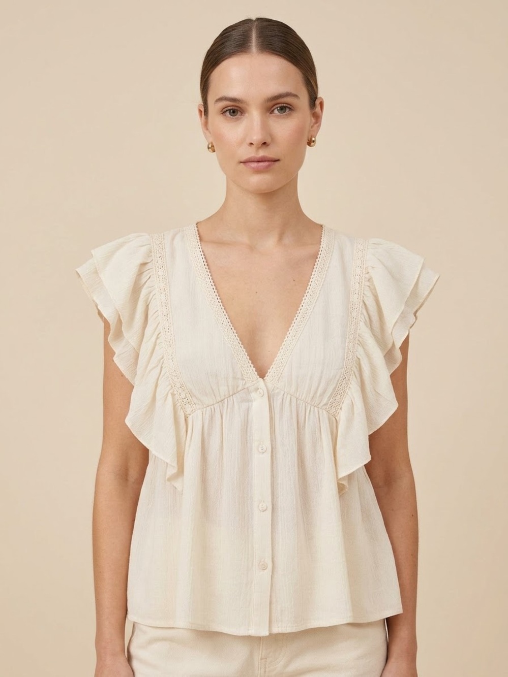 Ruffle Flutter Sleeve Crochet Trim Button Down V-Neck Peplum Blouse Top